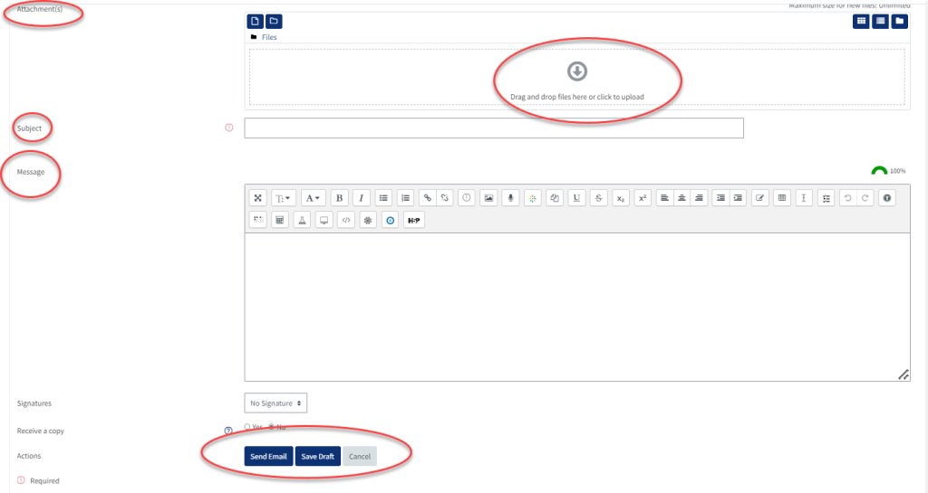 The option to upload files , add a subject and message as well as save button for the Quick mail.
